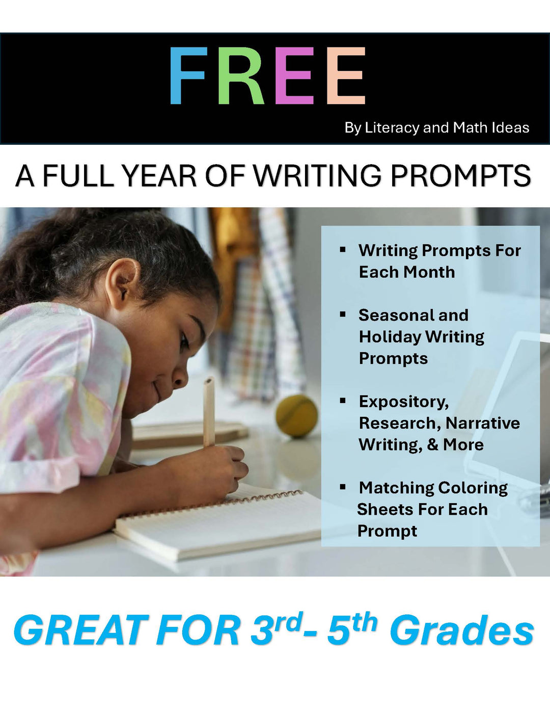 Free- A Full Year of Writing Prompts With Coloring Sheets (Grades 3-5)