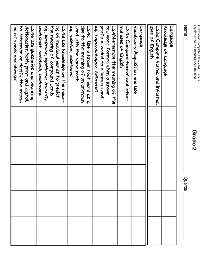 Common Core Language Arts Standards Task Cards: Grade 2