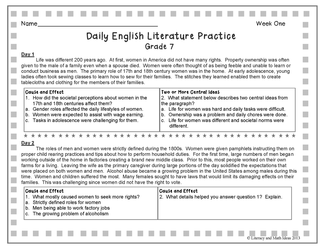 Quick and Daily English Literature (Grade 7) Weeks 1-20