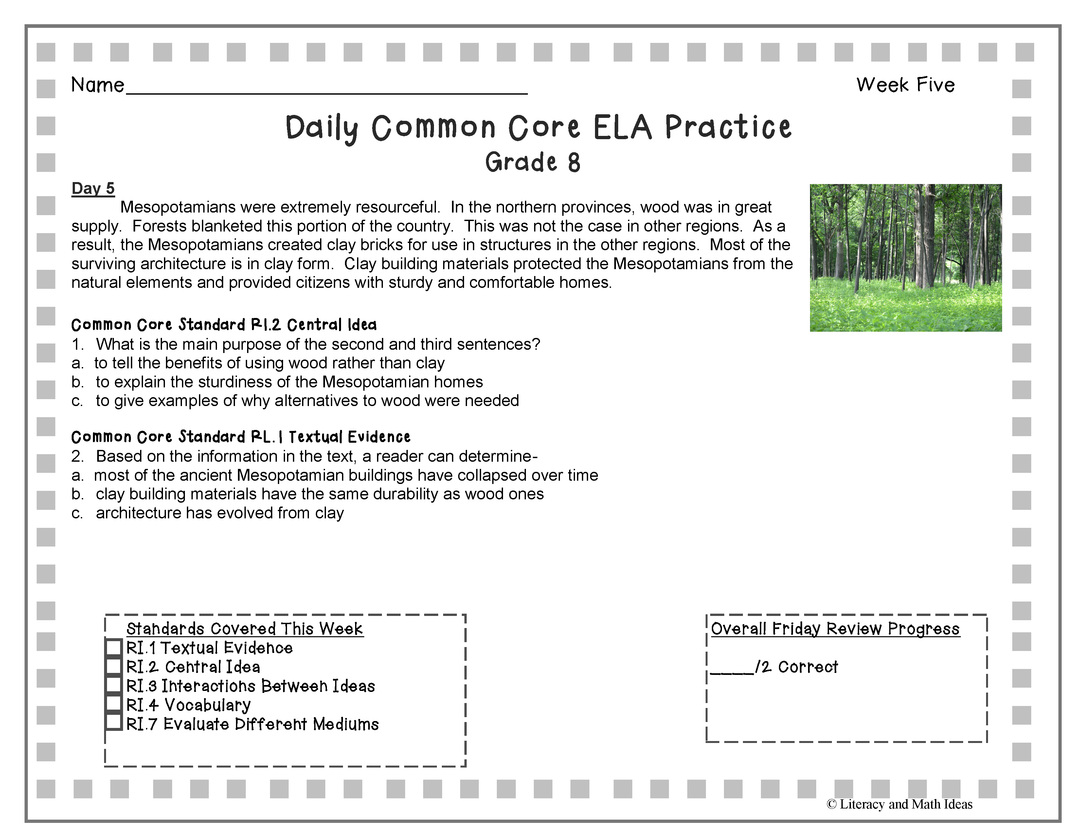 Grade 8 Daily Common Core Reading Practice Weeks 1-5