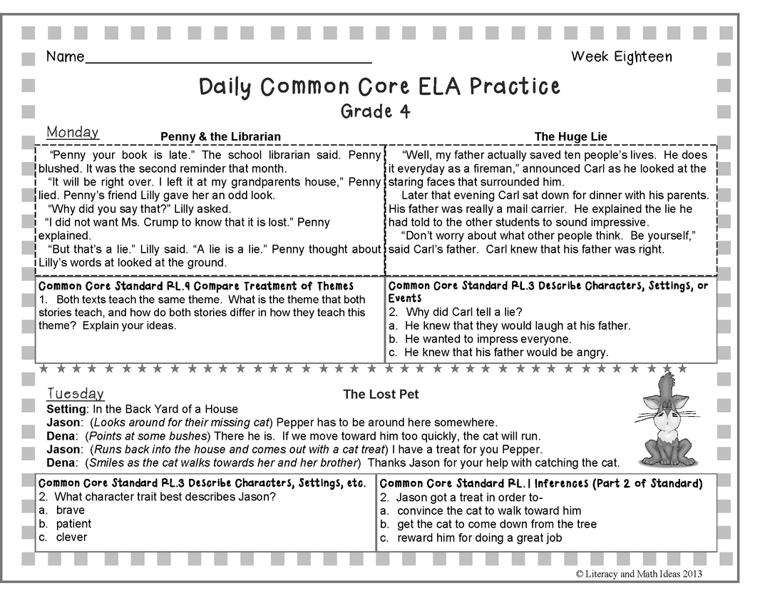 Grade 4 Daily Common Core Reading Practice Weeks 17-20