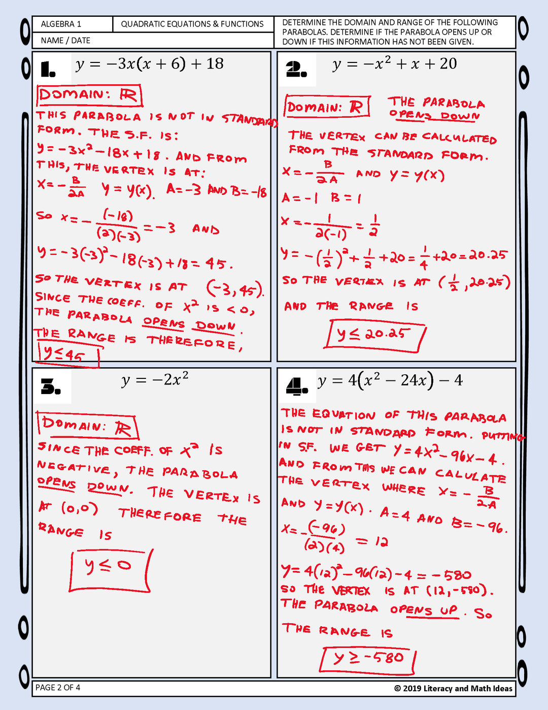 Algebra 1: Identifying the Range/Domain of Quadratic Functions (Parabolas)