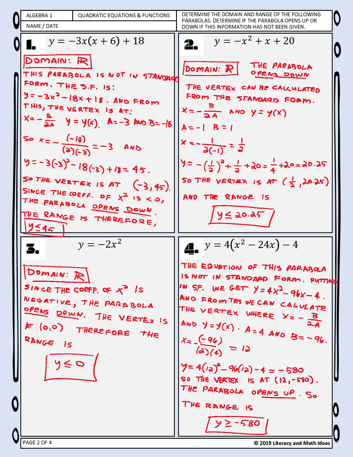 Algebra 1: Identifying the Range/Domain of Quadratic Functions (Parabolas)