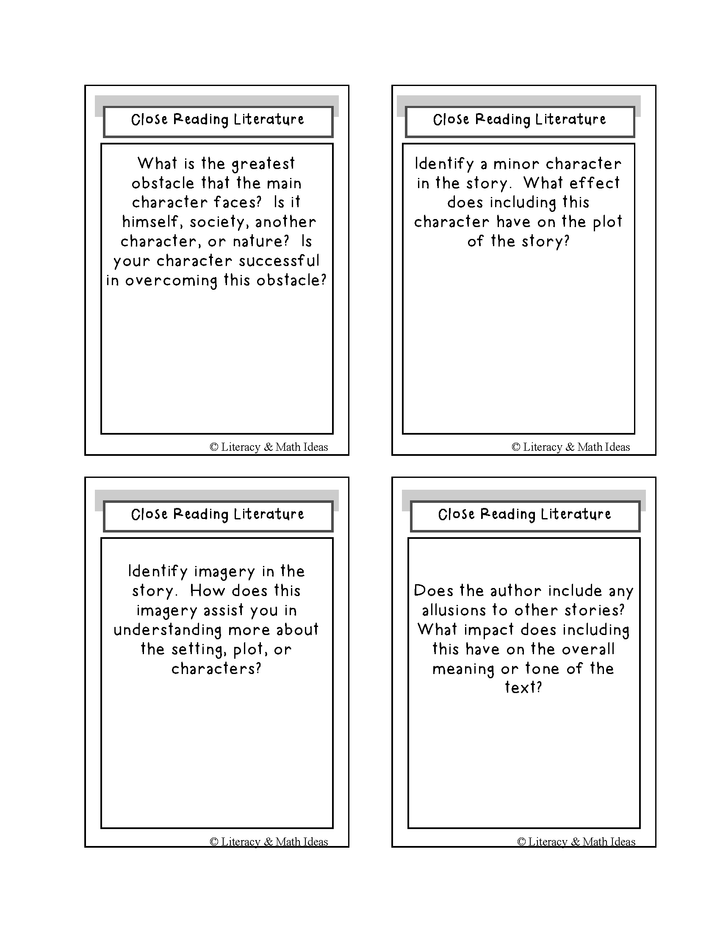 Common Core Close Reading Literature Task Cards