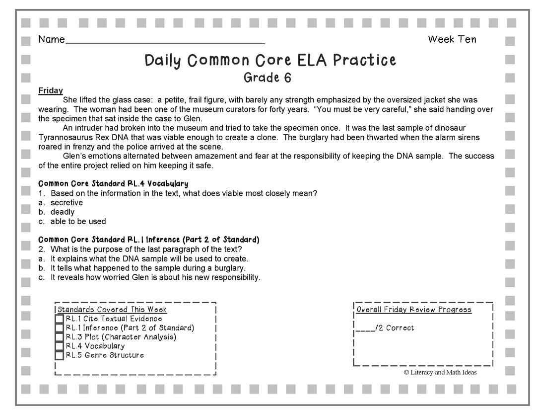 Grade 6 Daily Common Core Reading Practice Weeks 6-10