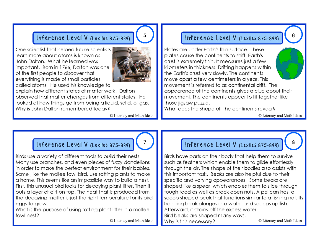 Inference Task Cards Lexile/Guided Reading Levels 867-933 (Levels V,W)