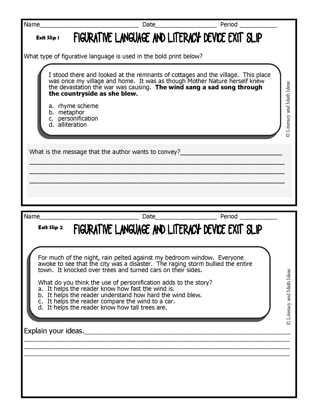 Figurative Language Common Core Exit Slips Grades 6 to 8th