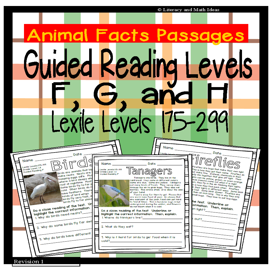 Animals) Leveled Passages Guided Reading Levels F,G,H (Lexiles 175-29 – Literacy and Math Ideas animals-leveled-passages-guided-reading-levels-f-g-h-lexiles-175-29-literacy-and-math-ideas