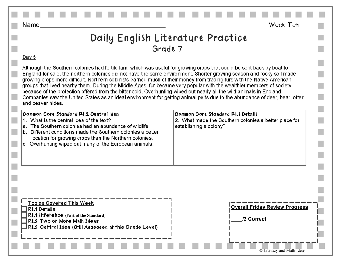 Grade 7 Daily Common Core Reading Practice Weeks 6-10