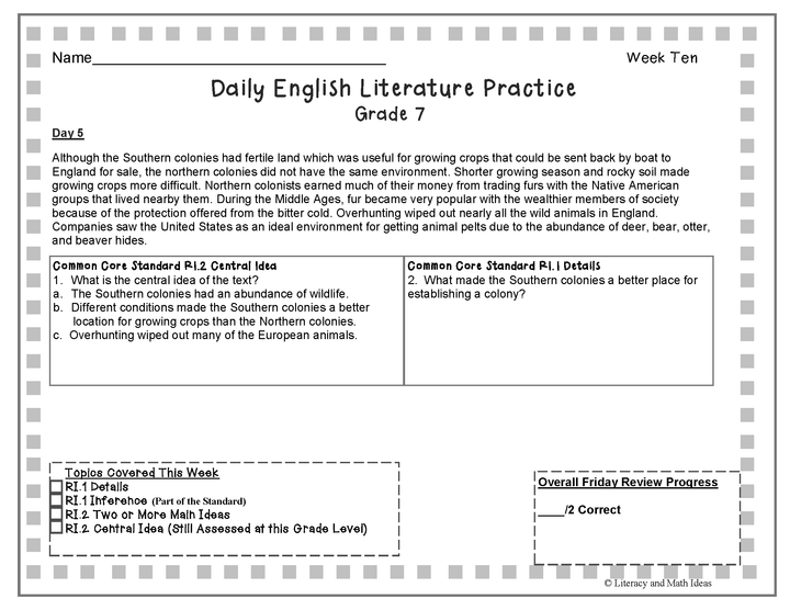 Grade 7 Daily Common Core Reading Practice Weeks 6-10