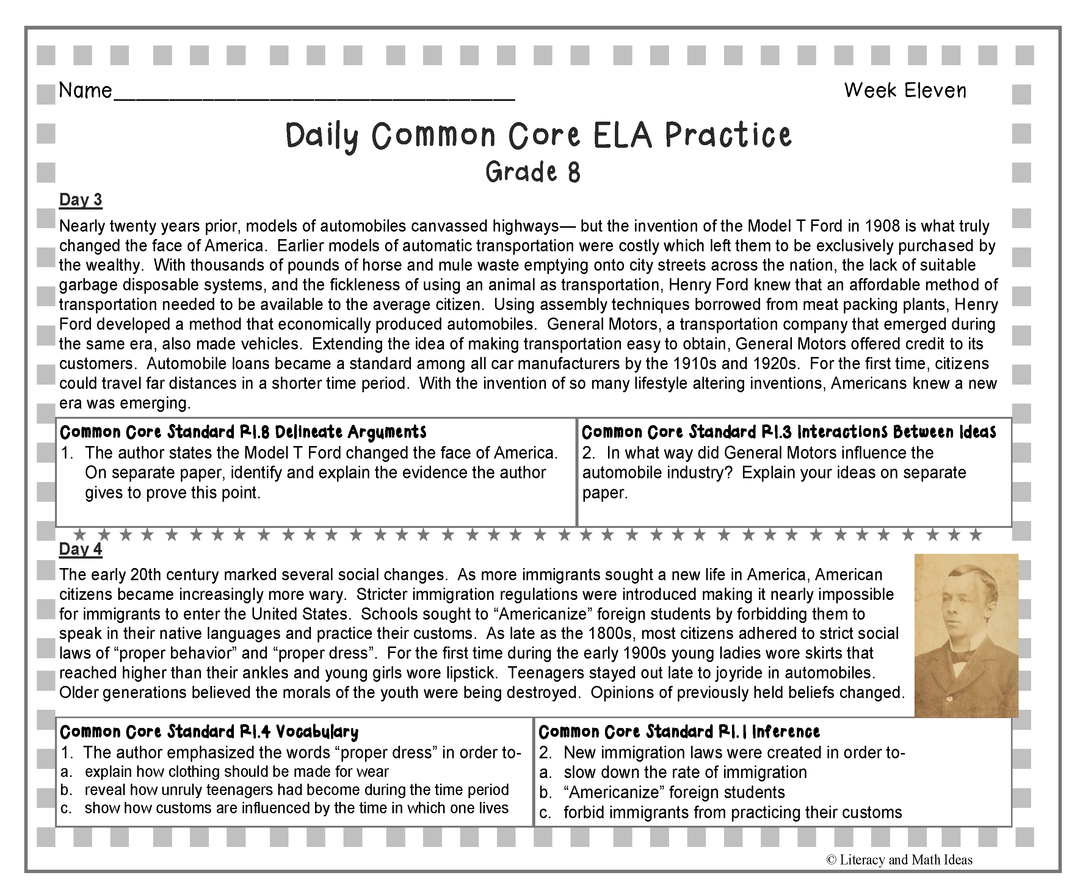 Grade 8 Daily Common Core Reading Practice Weeks 11-15