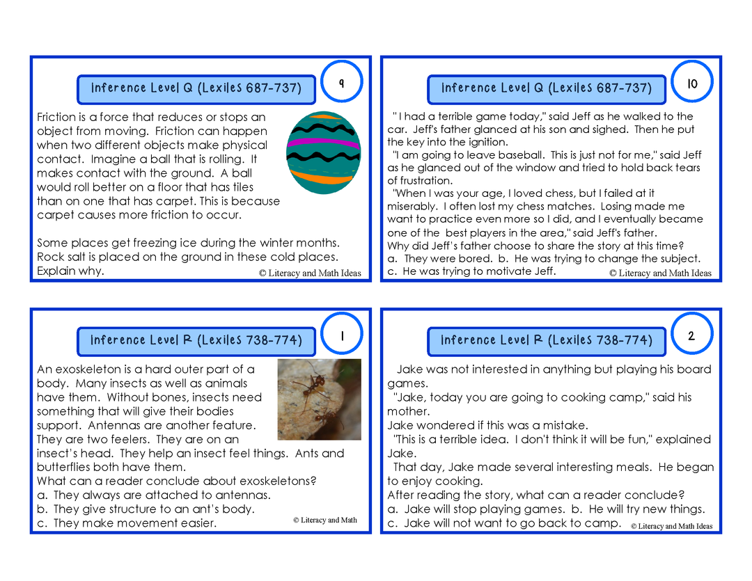Inference Task Cards For Each Lexile/Guided Reading Level (Levels Q & R)