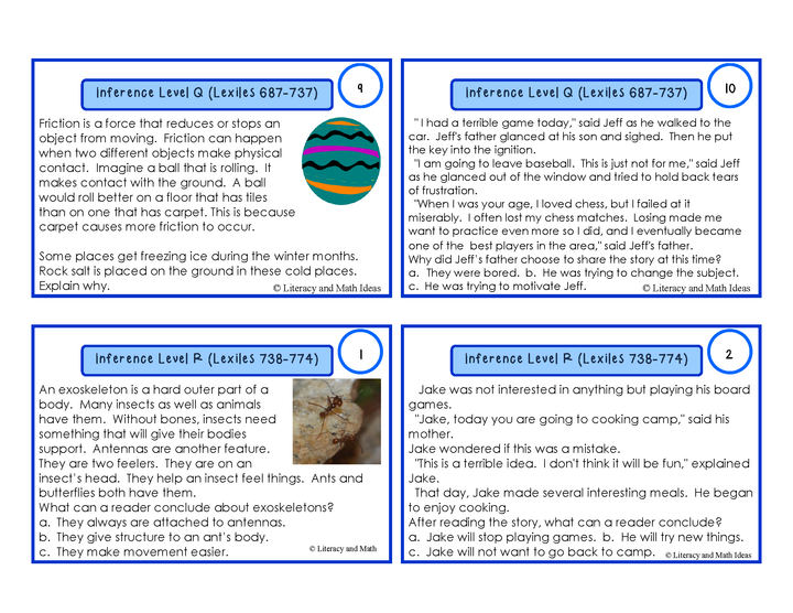 Inference Task Cards For Each Lexile/Guided Reading Level (Levels Q & R)
