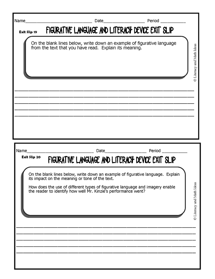 Figurative Language Common Core Exit Slips Grades 6 to 8th