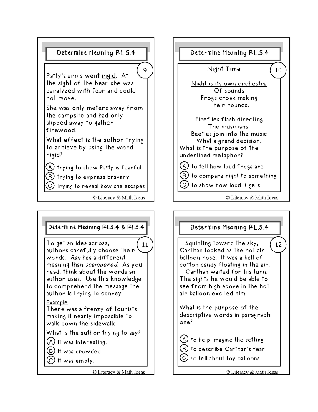 Word Meaning Activity Cards Grade 5 Common Core RL.5.4 & RL.5.4