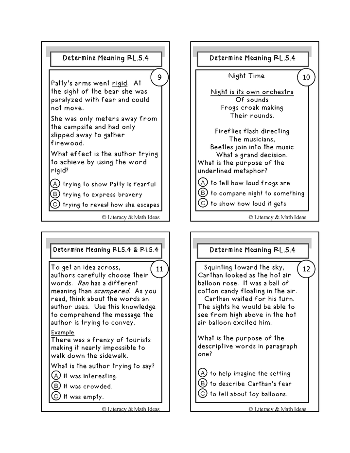 Word Meaning Activity Cards Grade 5 Common Core RL.5.4 & RL.5.4