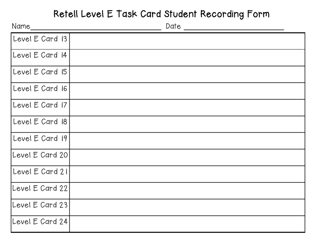 Retell Task Cards: Guided Reading Level E (Lexiles 150-179)
