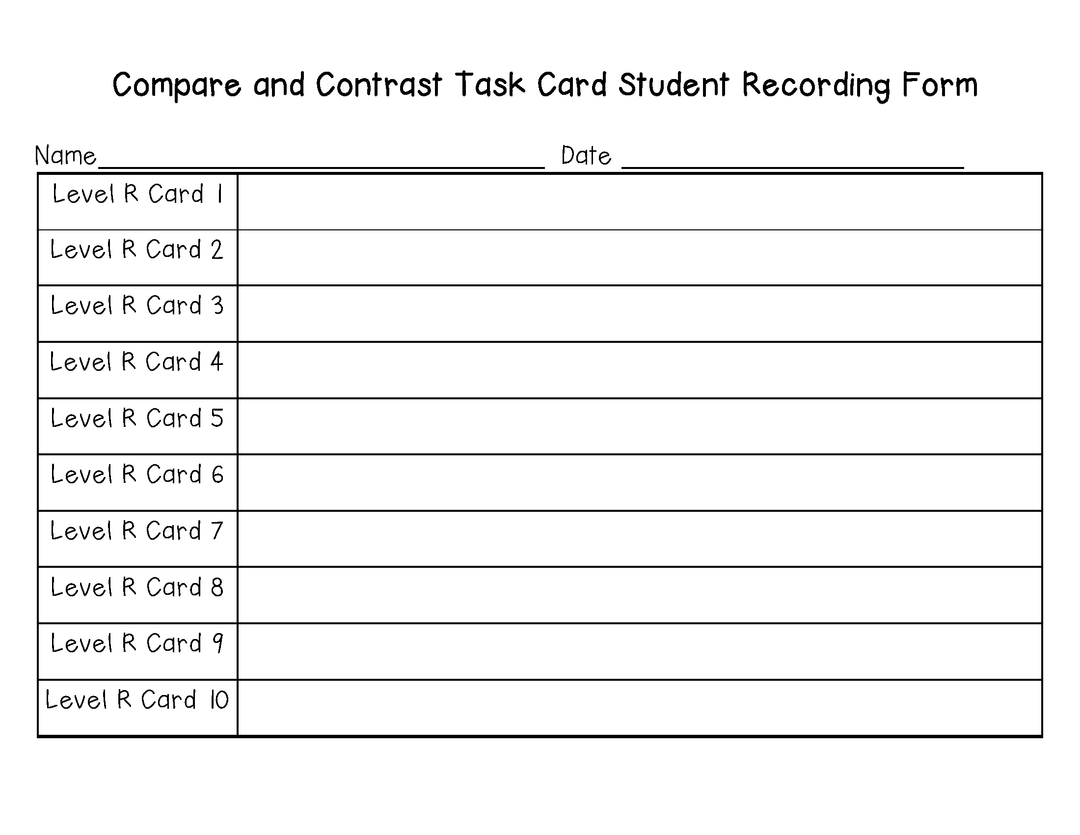 Compare and Contrast Task Cards For Each Guided Reading Level (Levels Q and R)