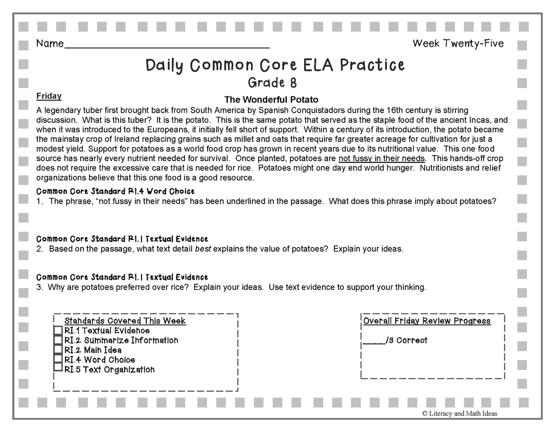 Grade 8 Daily Common Core Reading Practice Weeks 21-25