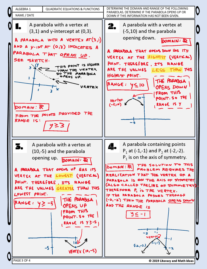 Algebra 1: Identifying the Range/Domain of Quadratic Functions (Parabolas)