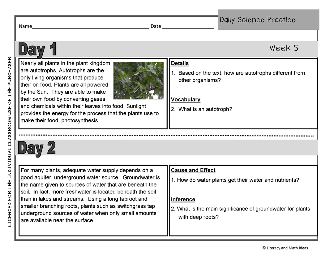 Daily Science Practice (Grade 5: October Full Month)