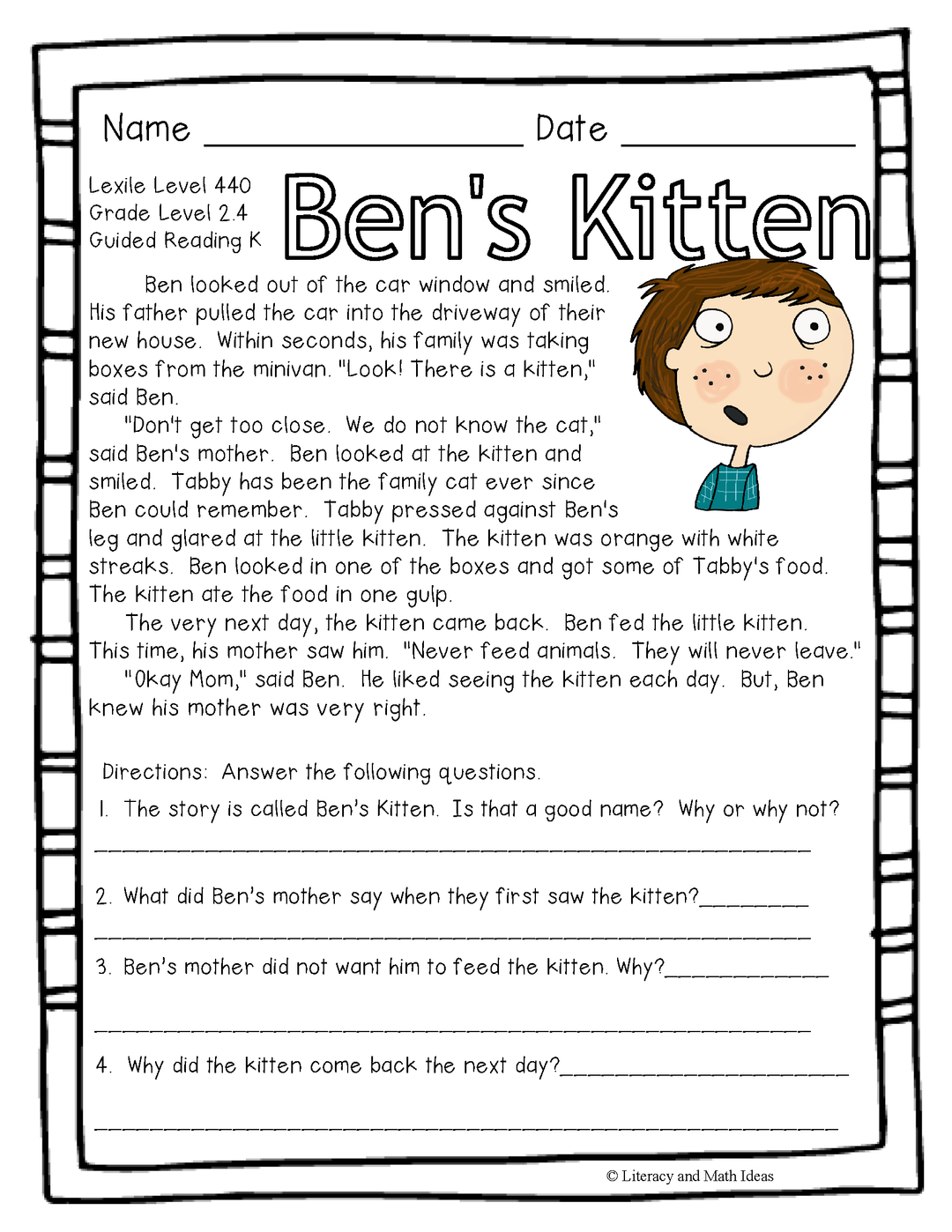 (Fiction) Leveled Passages Guided Reading Levels I,J, K (Lexiles 290-440)