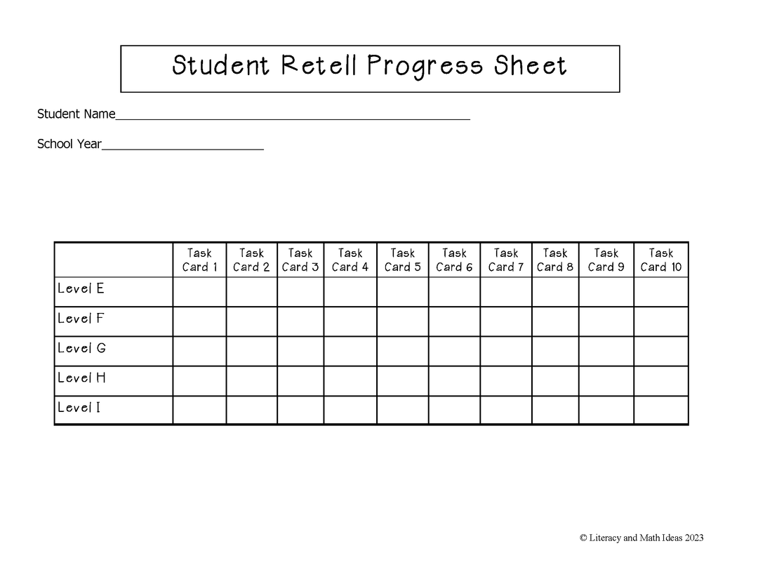 Retell Task Cards for Reading Levels (Levels E,F,G,H, and I)