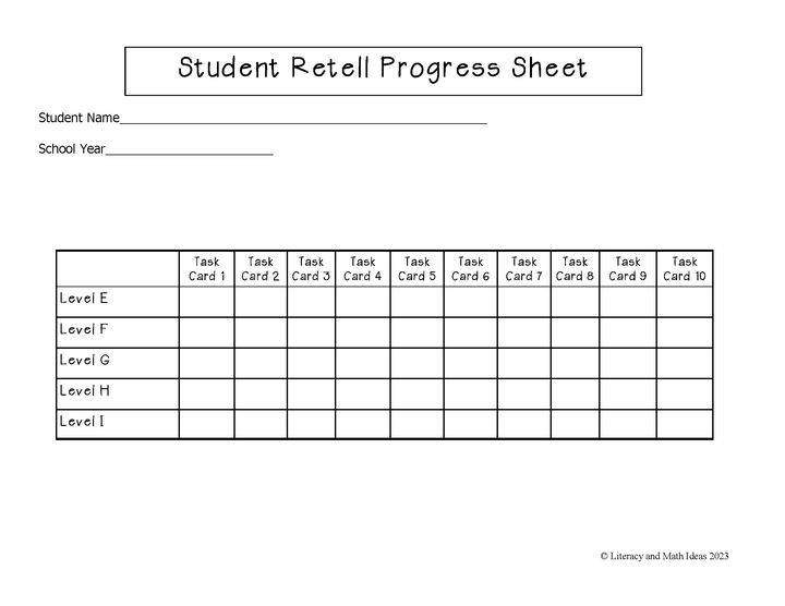 Retell Task Cards for Reading Levels (Levels E,F,G,H, and I)