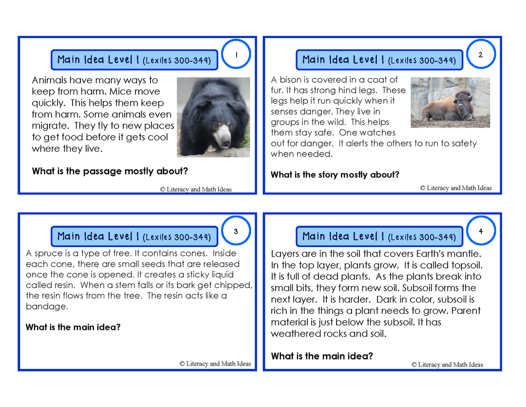 Main Idea Task Cards Guided Reading Level I (Lexiles 300-349)
