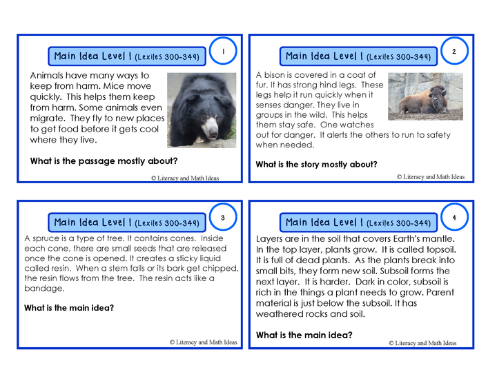 Main Idea Task Cards Guided Reading Level I (Lexiles 300-349)