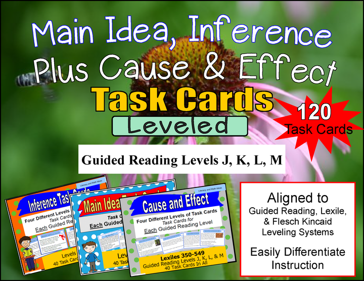 120 Main Idea, Cause and Effect, and Inference Task Cards (Guided Reading J - M)