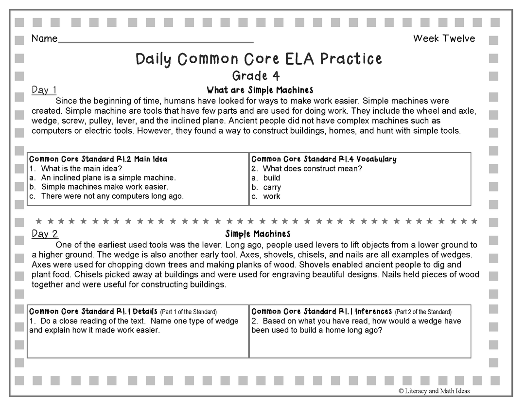 Grade 4 Daily Common Core Reading Practice Weeks 11-15