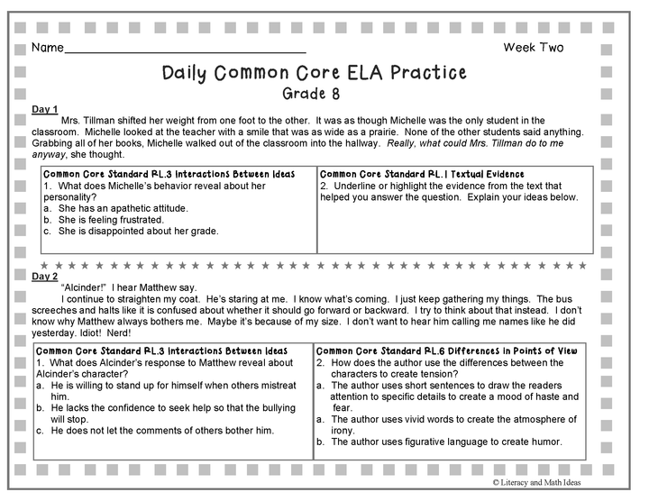 Grade 8 Daily Common Core Reading Practice Weeks 1-5