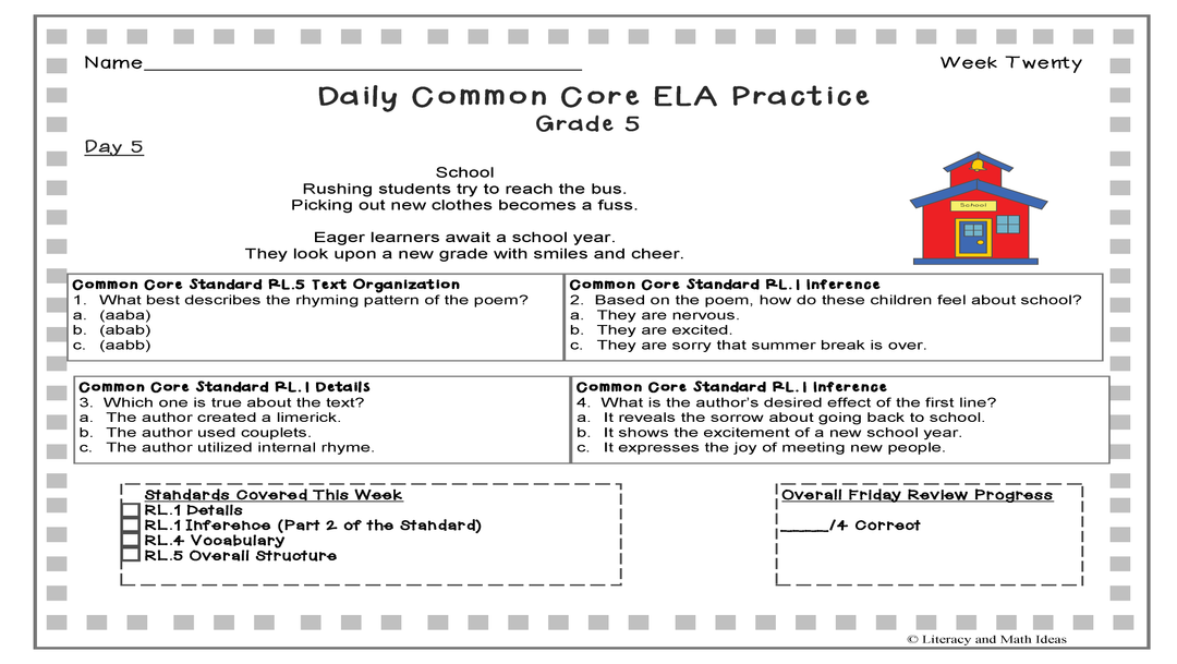 Grade 5 Daily Common Core Reading Practice Weeks 16-20