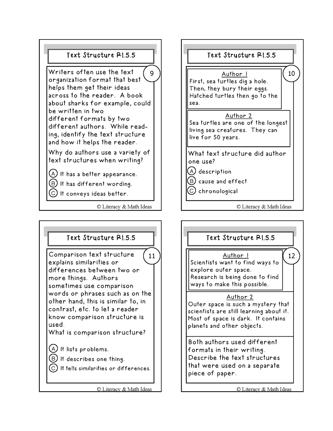 Text Structure Activity Cards Grade 5 Common Core RI.5.5 & RL.5.5