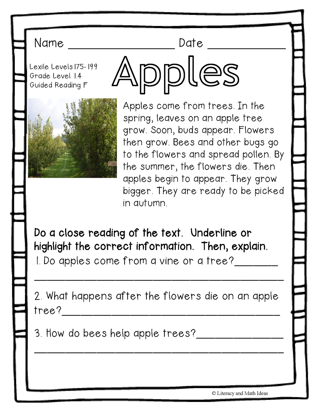 (Plants) Leveled Passages Guided Reading Levels F,G,H (Lexiles 175-299)