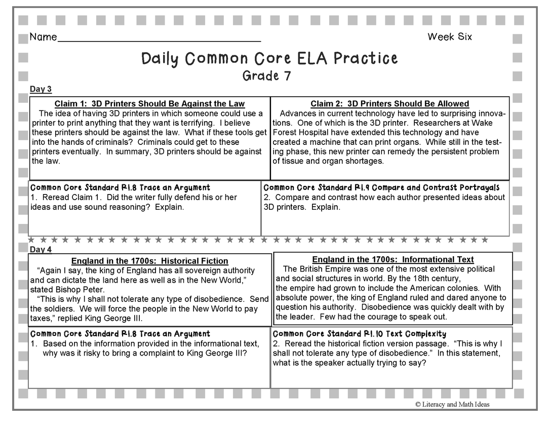 Grade 7 Daily Common Core Reading Practice Weeks 6-10