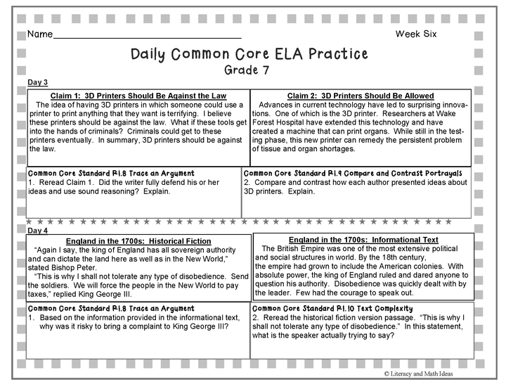 Grade 7 Daily Common Core Reading Practice Weeks 6-10