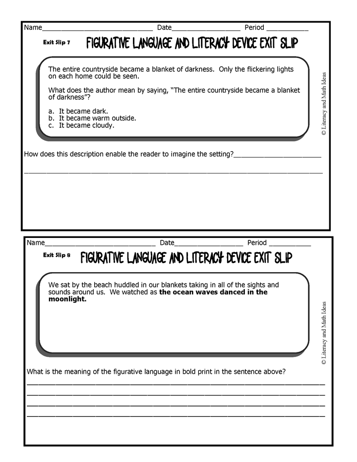Figurative Language Common Core Exit Slips Grades 6 to 8th
