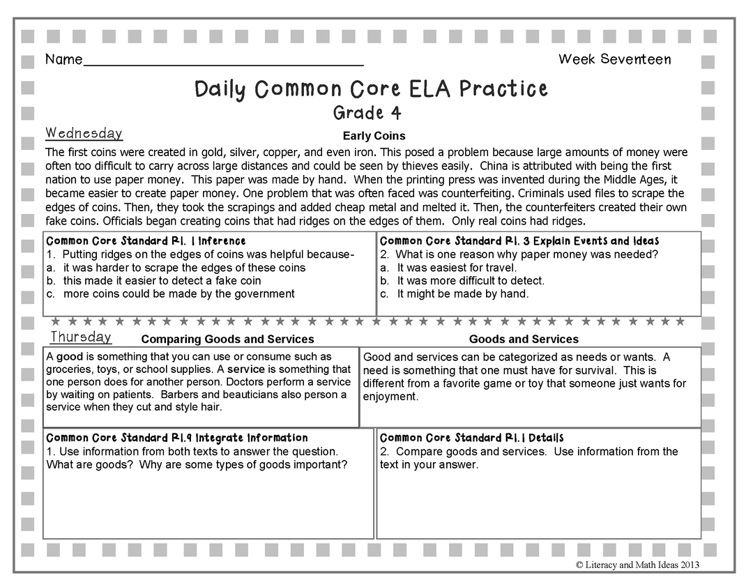Grade 4 Daily Common Core Reading Practice Weeks 17-20