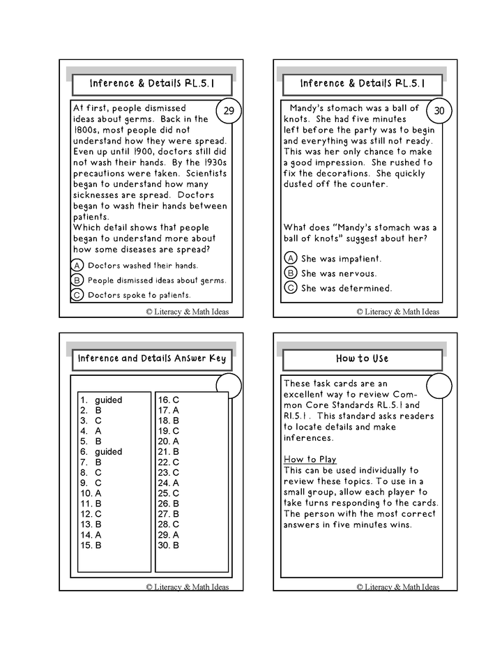 Inference & Details Grade 5 Common Core RL.5.1 and RI.5.1 Cards