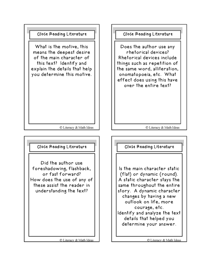 Common Core Close Reading Literature Task Cards