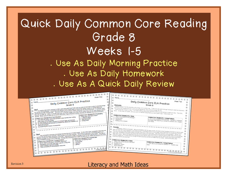 Grade 8 Daily Common Core Reading Practice Weeks 1-5