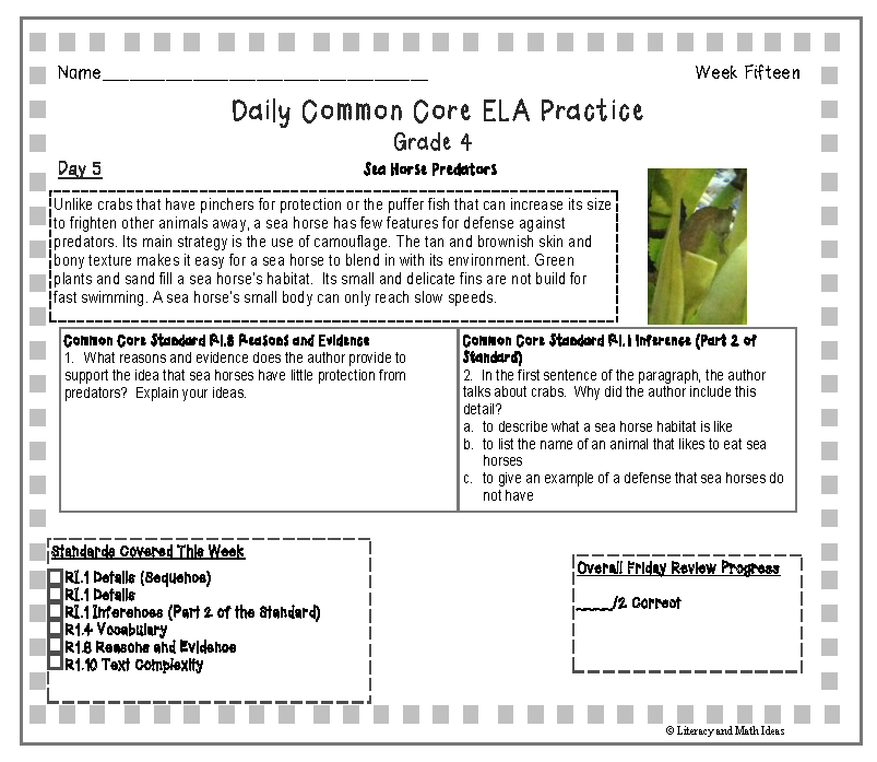 Grade 4 Daily Common Core Reading Practice Weeks 11-15