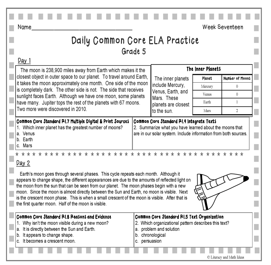 Grade 5 Daily Common Core Reading Practice Weeks 16-20