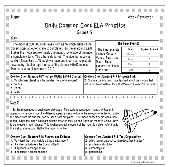 Grade 5 Daily Common Core Reading Practice Weeks 16-20