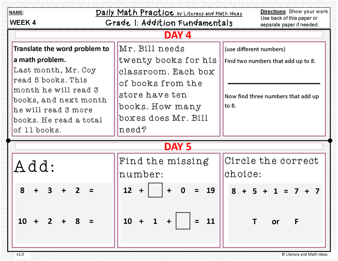 Daily Math Practice (Grade 1) September