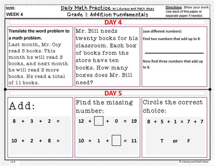 Daily Math Practice (Grade 1) September