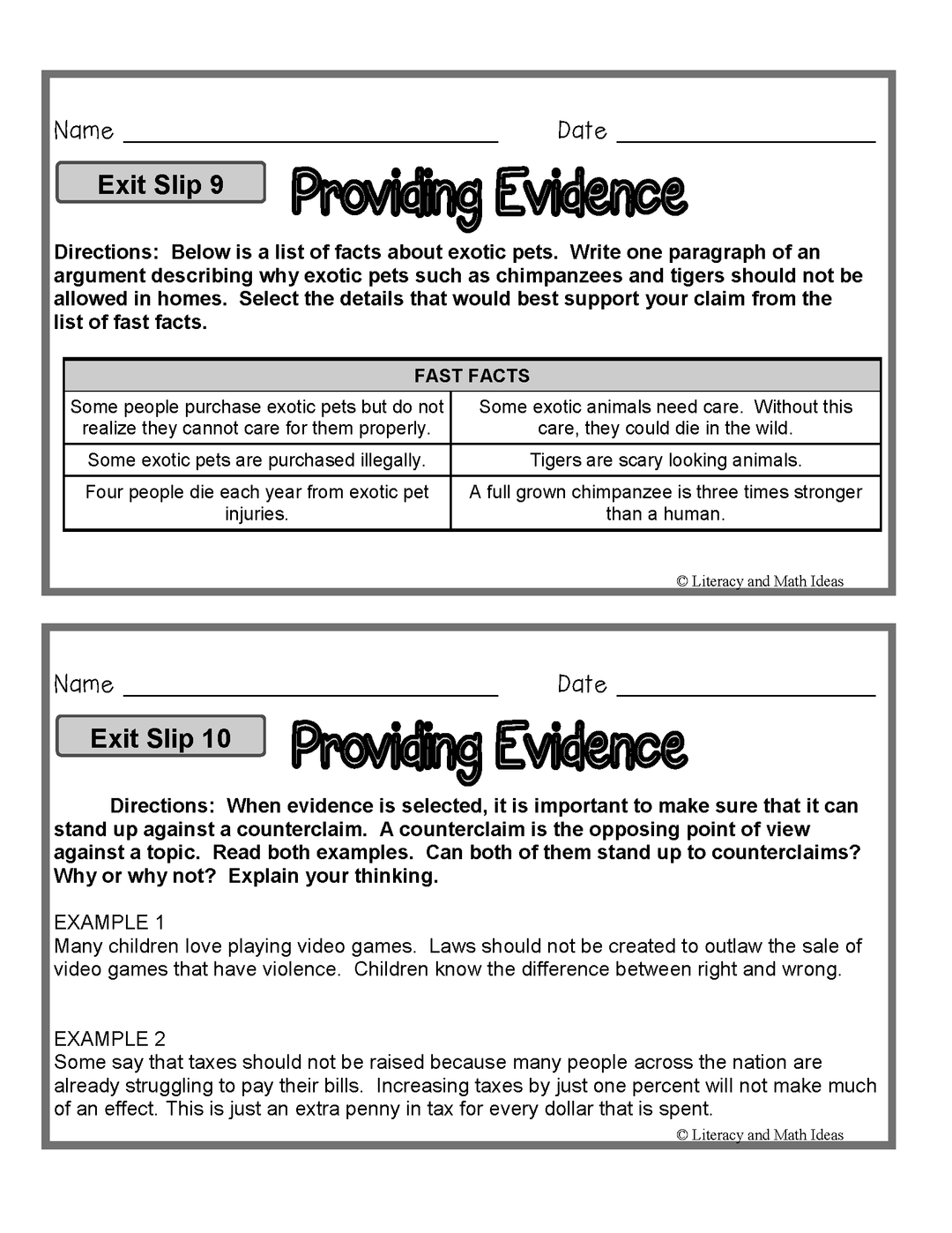 Argument Writing Exit Slips