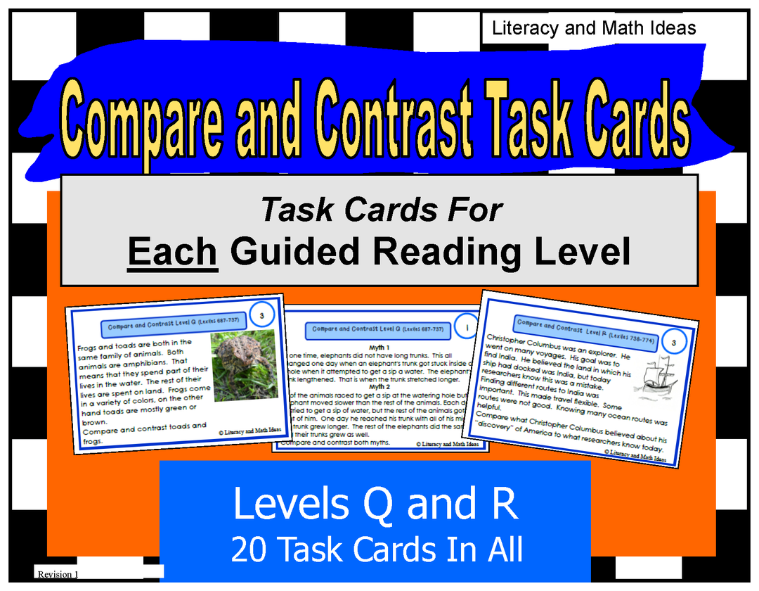 Compare and Contrast Task Cards For Each Guided Reading Level (Levels Q and R)